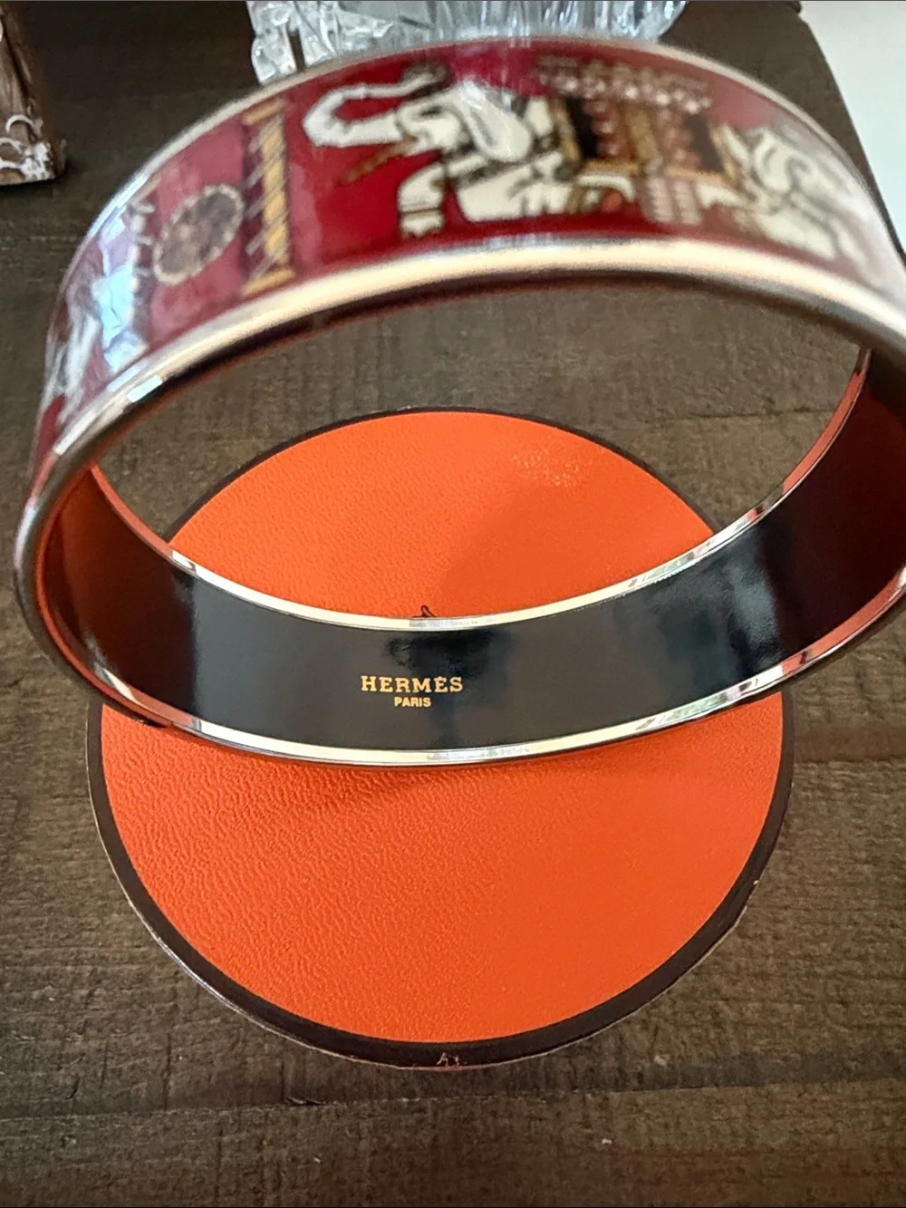 Like new Hermes Elephant Bangle in Red Enamel and Silver Hardware - Size 70cm